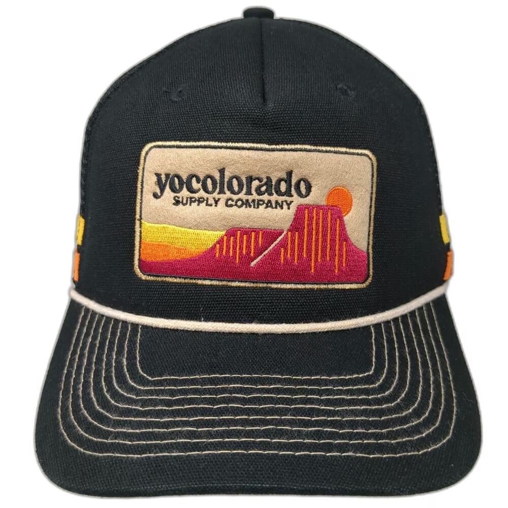 yocolorado Trucker Hat Black One Size Snapback Mesh Patch Rope Side Stripes Logo